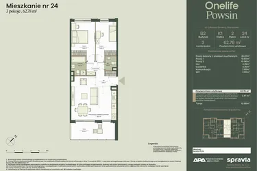 Rzut - Mieszkanie na sprzedaż 3 pokoje o powierzchni 62,78 m² - numer B2/24 w Onelife Powsin