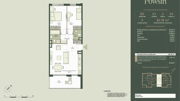 Rzut - Mieszkanie na sprzedaż 3 pokoje o powierzchni 62,78 m² - numer B2/24 w Onelife Powsin