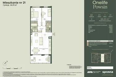 Rzut - Mieszkanie na sprzedaż 3 pokoje o powierzchni 66,3 m² - numer B2/21 w Onelife Powsin