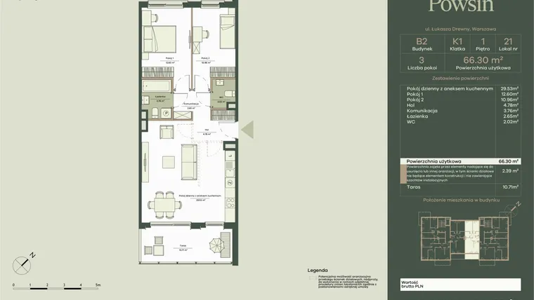 Rzut - Mieszkanie na sprzedaż 3 pokoje o powierzchni 66,3 m² - numer B2/21 w Onelife Powsin