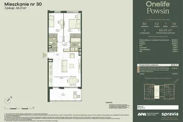 Rzut - Mieszkanie na sprzedaż 3 pokoje o powierzchni 66,33 m² - numer B2/30 w Onelife Powsin