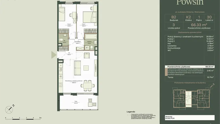 Rzut - Mieszkanie na sprzedaż 3 pokoje o powierzchni 66,33 m² - numer B2/30 w Onelife Powsin