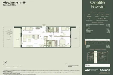 Rzut - Mieszkanie na sprzedaż 4 pokoje o powierzchni 69,12 m² - numer B6/86 w Onelife Powsin