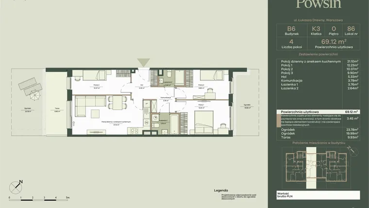 Rzut - Mieszkanie na sprzedaż 4 pokoje o powierzchni 69,12 m² - numer B6/86 w Onelife Powsin