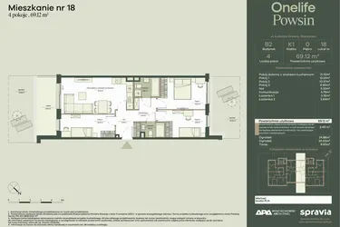 Rzut - Mieszkanie na sprzedaż 4 pokoje o powierzchni 69,12 m² - numer B2/18 w Onelife Powsin