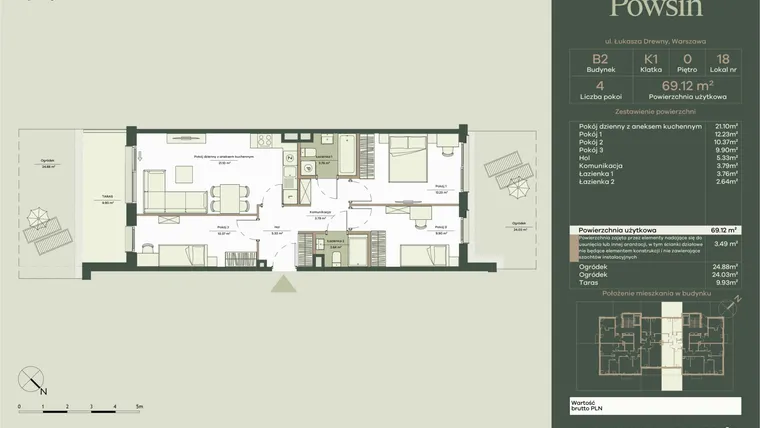 Rzut - Mieszkanie na sprzedaż 4 pokoje o powierzchni 69,12 m² - numer B2/18 w Onelife Powsin