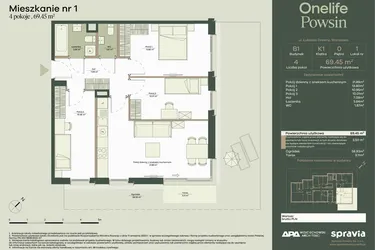 Rzut - Mieszkanie na sprzedaż 4 pokoje o powierzchni 69,45 m² - numer B1/1 w Onelife Powsin