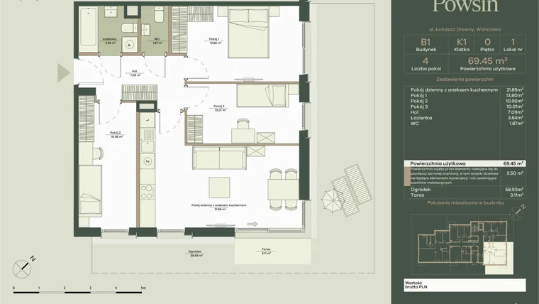 Rzut - Mieszkanie na sprzedaż 4 pokoje o powierzchni 69,45 m² - numer B1/1 w Onelife Powsin