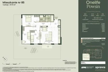 Rzut - Mieszkanie na sprzedaż 4 pokoje o powierzchni 83,92 m² - numer B6/85 w Onelife Powsin