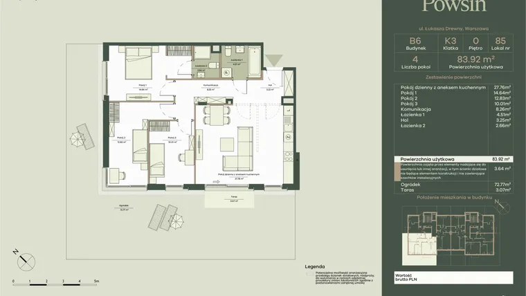 Rzut - Mieszkanie na sprzedaż 4 pokoje o powierzchni 83,92 m² - numer B6/85 w Onelife Powsin