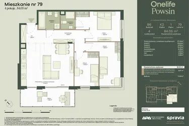 Rzut - Mieszkanie na sprzedaż 4 pokoje o powierzchni 84,05 m² - numer B6/79 w Onelife Powsin