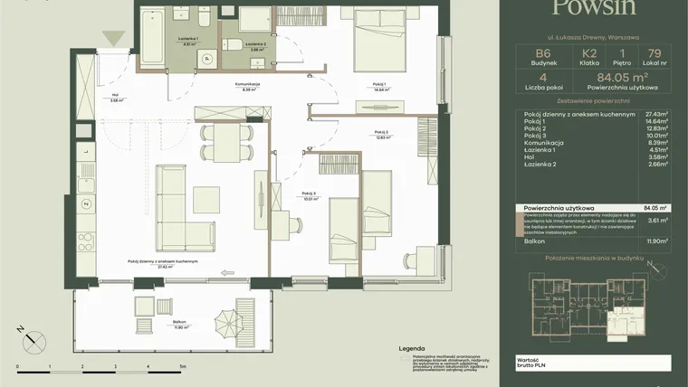 Rzut - Mieszkanie na sprzedaż 4 pokoje o powierzchni 84,05 m² - numer B6/79 w Onelife Powsin