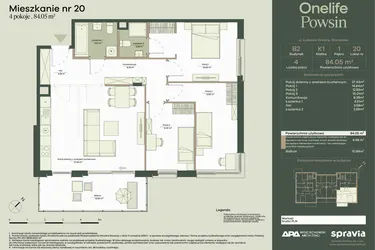 Rzut - Mieszkanie na sprzedaż 4 pokoje o powierzchni 84,05 m² - numer B2/20 w Onelife Powsin