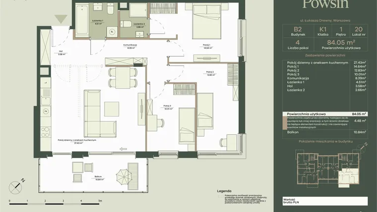 Rzut - Mieszkanie na sprzedaż 4 pokoje o powierzchni 84,05 m² - numer B2/20 w Onelife Powsin
