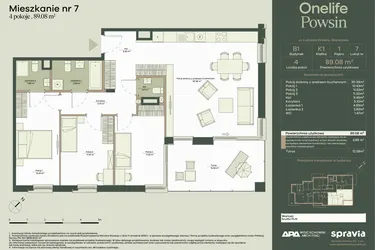 Rzut - Mieszkanie na sprzedaż 4 pokoje o powierzchni 89,08 m² - numer B1/7 w Onelife Powsin