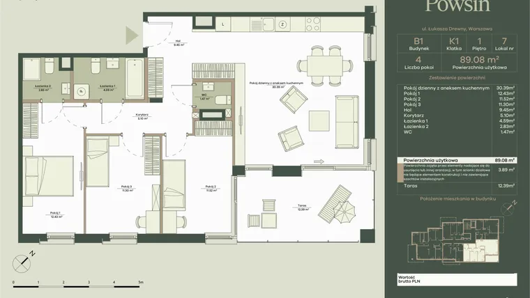 Rzut - Mieszkanie na sprzedaż 4 pokoje o powierzchni 89,08 m² - numer B1/7 w Onelife Powsin