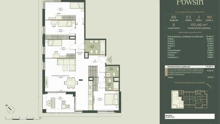 Rzut - Mieszkanie na sprzedaż 5 pokoi o powierzchni 110,46 m² - numer B6/90 w Onelife Powsin