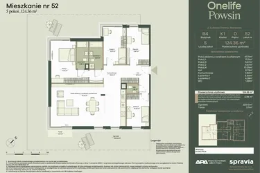 Rzut - Mieszkanie na sprzedaż 5 pokoi o powierzchni 124,36 m² - numer B4/52 w Onelife Powsin