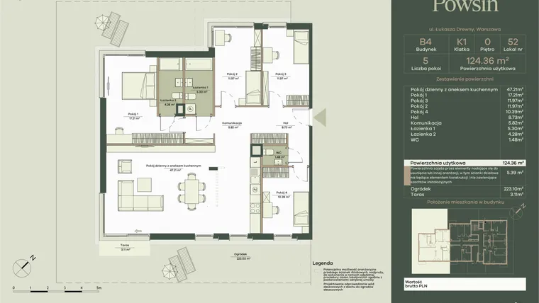 Rzut - Mieszkanie na sprzedaż 5 pokoi o powierzchni 124,36 m² - numer B4/52 w Onelife Powsin