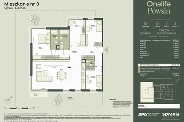 Rzut - Mieszkanie na sprzedaż 5 pokoi o powierzchni 124,36 m² - numer B1/3 w Onelife Powsin