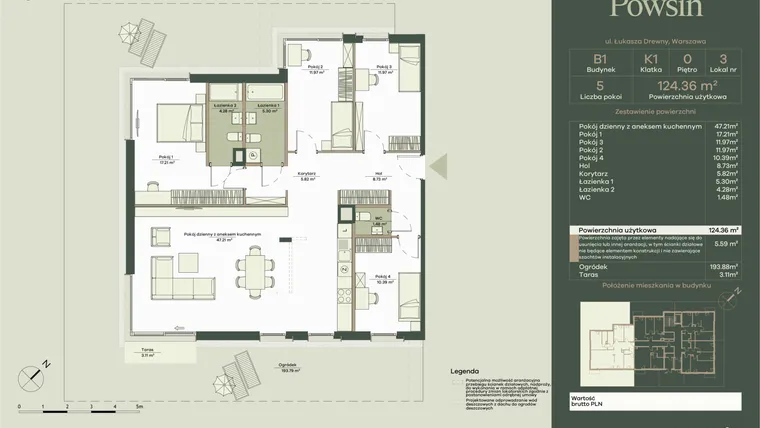 Rzut - Mieszkanie na sprzedaż 5 pokoi o powierzchni 124,36 m² - numer B1/3 w Onelife Powsin