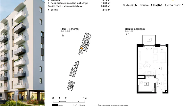 Rzut - Mieszkanie na sprzedaż 1 pokój o powierzchni 31,23 m² - numer A.5 w Osiedle Kochanowskiego - Gliwice