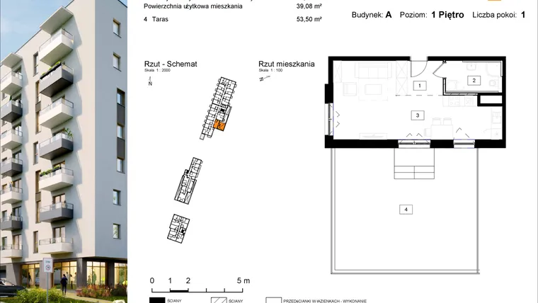 Rzut - Mieszkanie na sprzedaż 1 pokój o powierzchni 39,23 m² - numer A.2 w Osiedle Kochanowskiego - Gliwice
