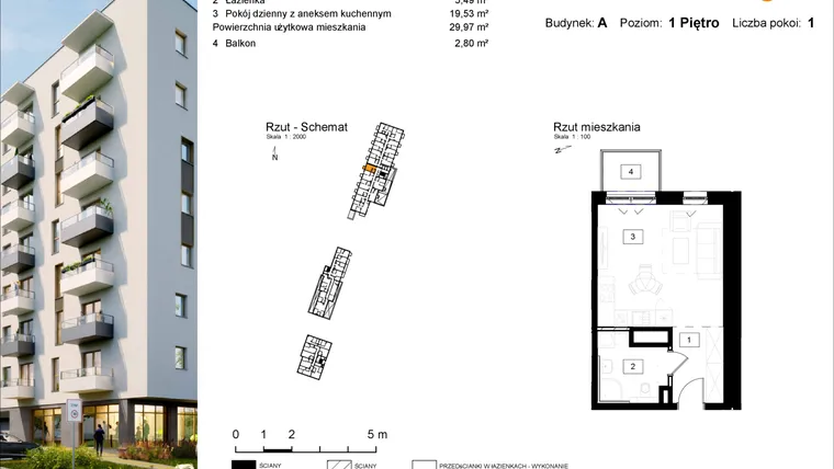 Rzut - Mieszkanie na sprzedaż 1 pokój o powierzchni 30,18 m² - numer A.8 w Osiedle Kochanowskiego - Gliwice