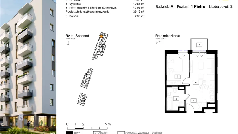 Rzut - Mieszkanie na sprzedaż 2 pokoje o powierzchni 39,84 m² - numer A.12 w Osiedle Kochanowskiego - Gliwice