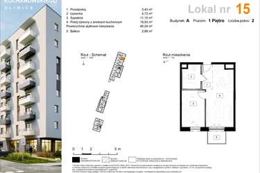 Rzut - Mieszkanie na sprzedaż 2 pokoje o powierzchni 40,55 m² - numer A.15 w Osiedle Kochanowskiego - Gliwice