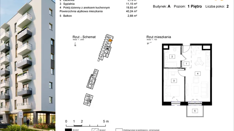 Rzut - Mieszkanie na sprzedaż 2 pokoje o powierzchni 40,55 m² - numer A.15 w Osiedle Kochanowskiego - Gliwice