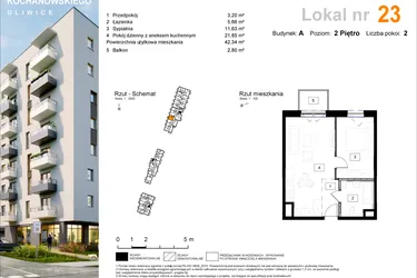 Rzut - Mieszkanie na sprzedaż 2 pokoje o powierzchni 42,55 m² - numer A.23 w Osiedle Kochanowskiego - Gliwice