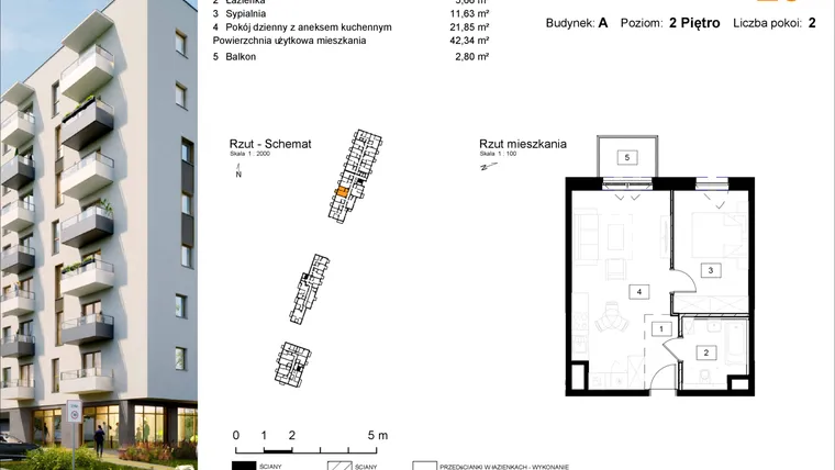 Rzut - Mieszkanie na sprzedaż 2 pokoje o powierzchni 42,55 m² - numer A.23 w Osiedle Kochanowskiego - Gliwice