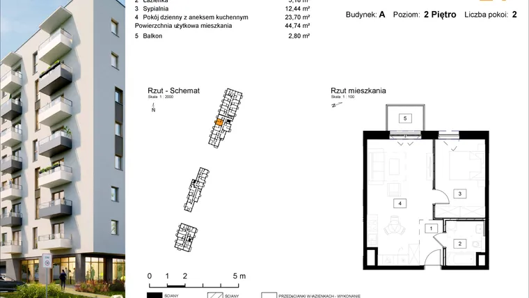 Rzut - Mieszkanie na sprzedaż 2 pokoje o powierzchni 44,93 m² - numer A.24 w Osiedle Kochanowskiego - Gliwice