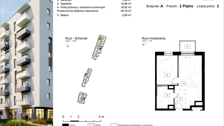 Rzut - Mieszkanie na sprzedaż 2 pokoje o powierzchni 39,93 m² - numer A.29 w Osiedle Kochanowskiego - Gliwice