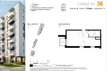 Rzut - Mieszkanie na sprzedaż 1 pokój o powierzchni 39,32 m² - numer A.36 w Osiedle Kochanowskiego - Gliwice