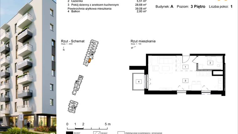 Rzut - Mieszkanie na sprzedaż 1 pokój o powierzchni 39,32 m² - numer A.36 w Osiedle Kochanowskiego - Gliwice