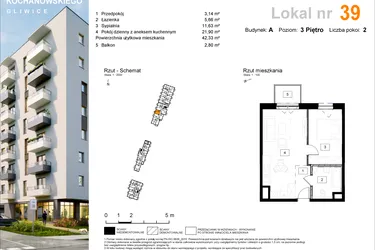 Rzut - Mieszkanie na sprzedaż 2 pokoje o powierzchni 42,61 m² - numer A.39 w Osiedle Kochanowskiego - Gliwice