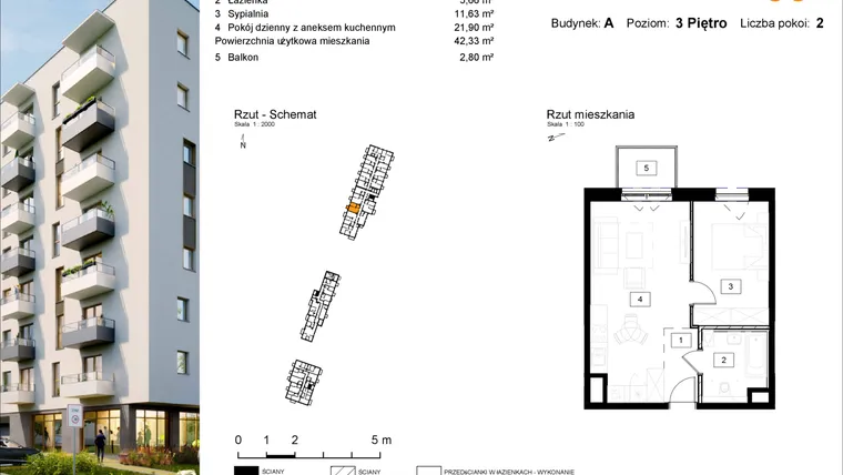 Rzut - Mieszkanie na sprzedaż 2 pokoje o powierzchni 42,61 m² - numer A.39 w Osiedle Kochanowskiego - Gliwice