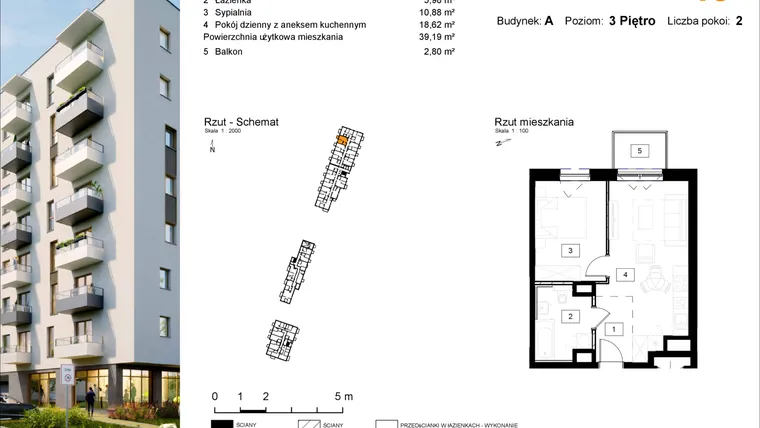 Rzut - Mieszkanie na sprzedaż 2 pokoje o powierzchni 39,99 m² - numer A.45 w Osiedle Kochanowskiego - Gliwice