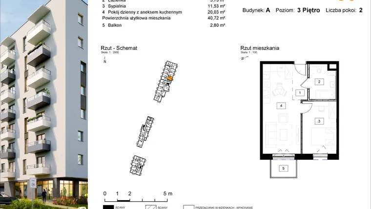 Rzut - Mieszkanie na sprzedaż 2 pokoje o powierzchni 40,75 m² - numer A.50 w Osiedle Kochanowskiego - Gliwice