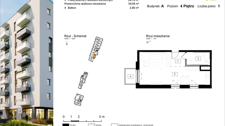 Rzut - Mieszkanie na sprzedaż 1 pokój o powierzchni 39,17 m² - numer A.52 w Osiedle Kochanowskiego - Gliwice