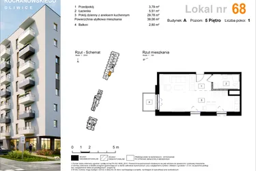 Rzut - Mieszkanie na sprzedaż 1 pokój o powierzchni 39,19 m² - numer A.68 w Osiedle Kochanowskiego - Gliwice