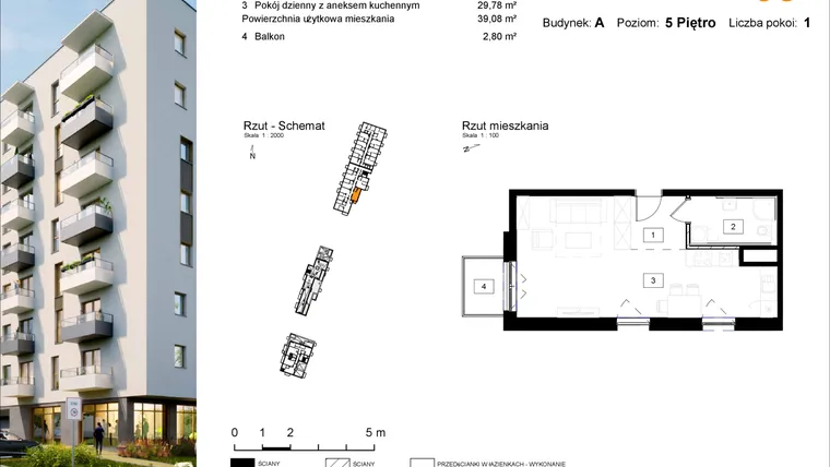 Rzut - Mieszkanie na sprzedaż 1 pokój o powierzchni 39,19 m² - numer A.68 w Osiedle Kochanowskiego - Gliwice