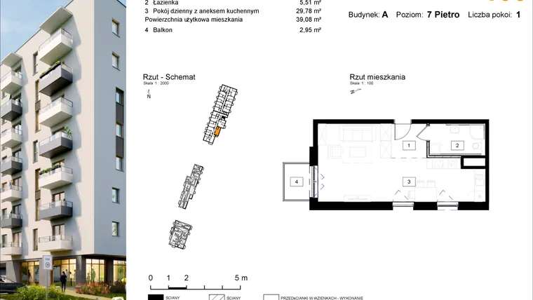 Rzut - Mieszkanie na sprzedaż 1 pokój o powierzchni 39,36 m² - numer A.100 w Osiedle Kochanowskiego - Gliwice