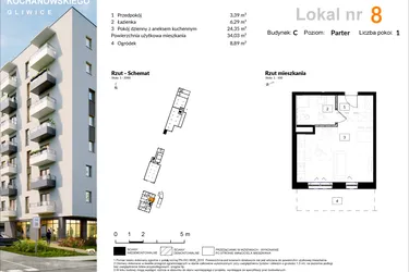 Rzut - Mieszkanie na sprzedaż 1 pokój o powierzchni 34,11 m² - numer C.8 w Osiedle Kochanowskiego - Gliwice