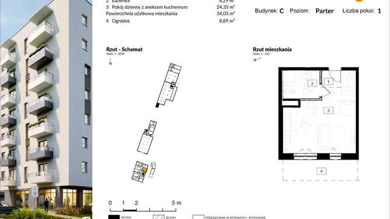 Rzut - Mieszkanie na sprzedaż 1 pokój o powierzchni 34,11 m² - numer C.8 w Osiedle Kochanowskiego - Gliwice