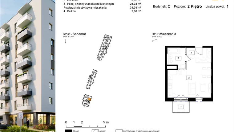 Rzut - Mieszkanie na sprzedaż 1 pokój o powierzchni 34,14 m² - numer C.24 w Osiedle Kochanowskiego - Gliwice