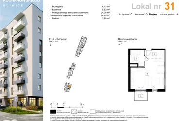 Rzut - Mieszkanie na sprzedaż 1 pokój o powierzchni 34,36 m² - numer C.31 w Osiedle Kochanowskiego - Gliwice