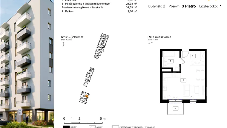 Rzut - Mieszkanie na sprzedaż 1 pokój o powierzchni 34,36 m² - numer C.31 w Osiedle Kochanowskiego - Gliwice